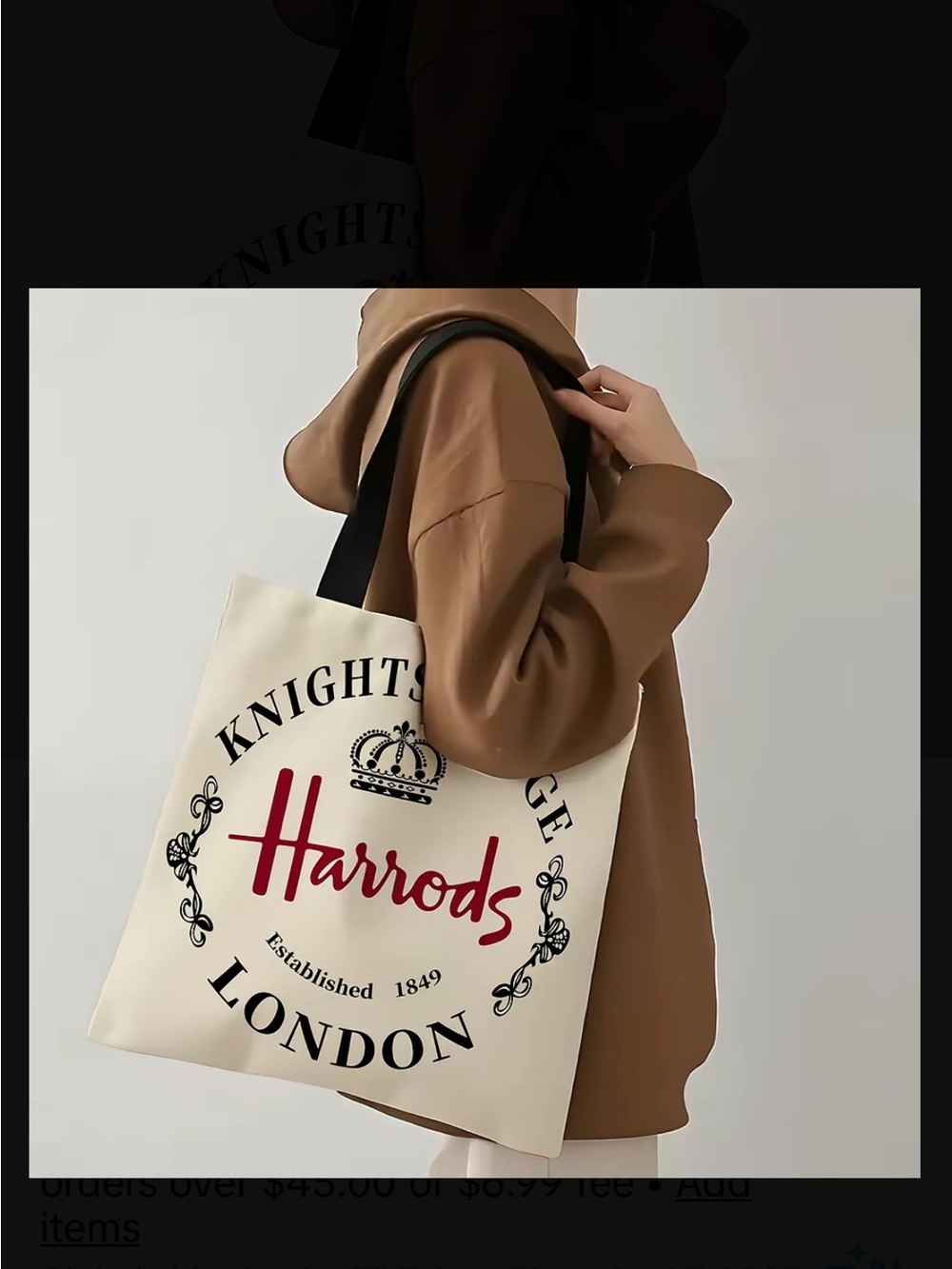 Harrods Cream Tote Shopping Bag with Black Straps and Red Logo - Picture 4 of 5